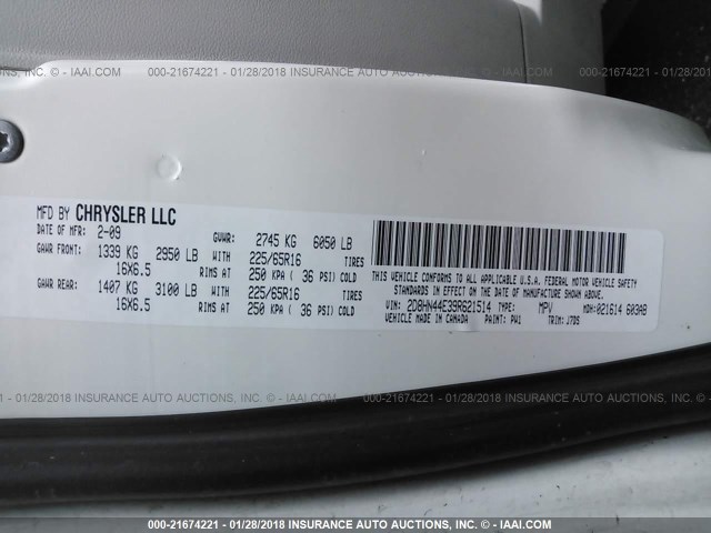 2D8HN44E39R621514 - 2009 DODGE GRAND CARAVAN SE WHITE photo 9