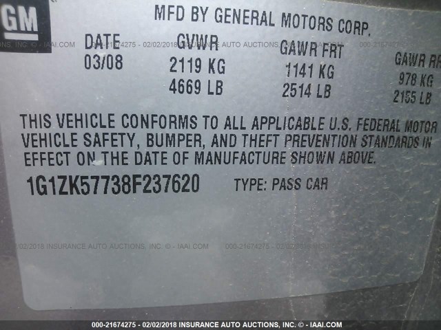 1G1ZK57738F237620 - 2008 CHEVROLET MALIBU LTZ 棕色 照片 9