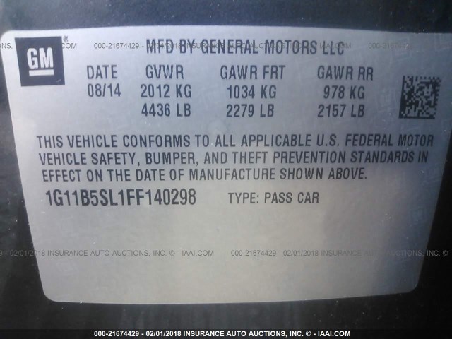 1G11B5SL1FF140298 - 2015 CHEVROLET MALIBU LS ნაცრისფერი ფოტო 9