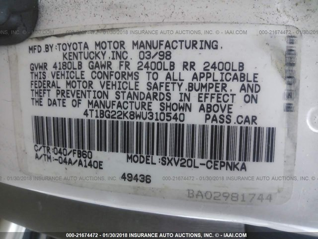 4T1BG22K8WU310540 - 1998 TOYOTA CAMRY CE/LE/XLE 白色 照片 9