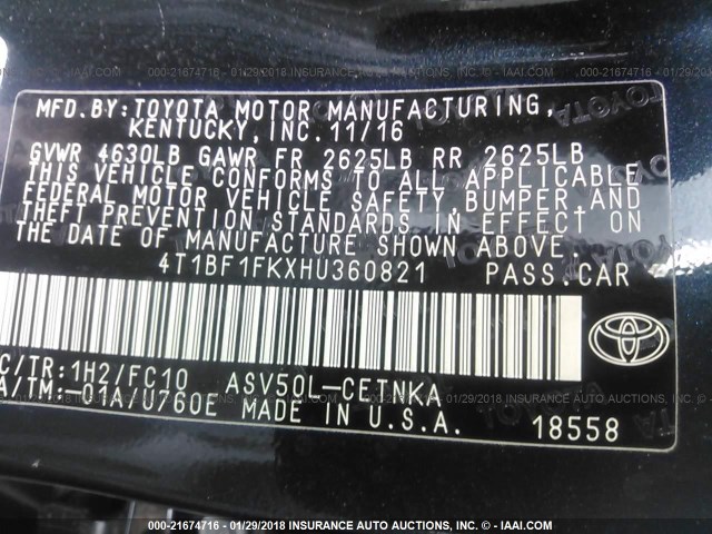 4T1BF1FKXHU360821 - 2017 TOYOTA CAMRY LE/XLE/SE/XSE GRAY photo 9