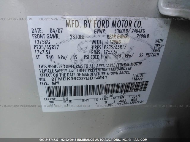 2FMDK36C67BB14541 - 2007 FORD EDGE SE GRAY photo 9