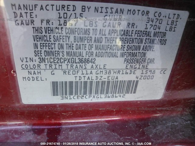 3N1CE2CPXGL368642 - 2016 NISSAN VERSA NOTE S/S PLUS/SV/SL/SR MAROON photo 9