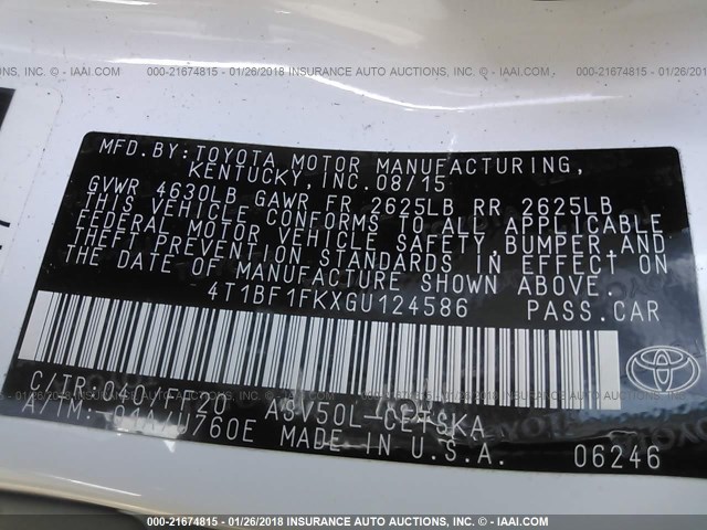 4T1BF1FKXGU124586 - 2016 TOYOTA CAMRY LE/XLE/SE/XSE თეთრი ფოტო 9