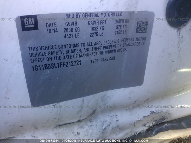 1G11B5SL7FF212721 - 2015 CHEVROLET MALIBU LS 白色 照片 9