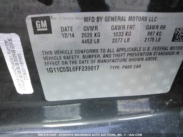 1G11C5SL6FF239017 - 2015 CHEVROLET MALIBU 1LT 灰色 照片 9