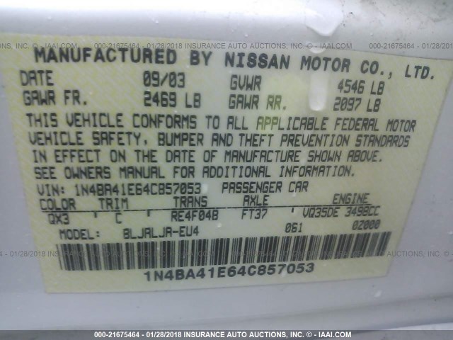 1N4BA41E64C857053 - 2004 NISSAN MAXIMA SE/SL WHITE photo 9