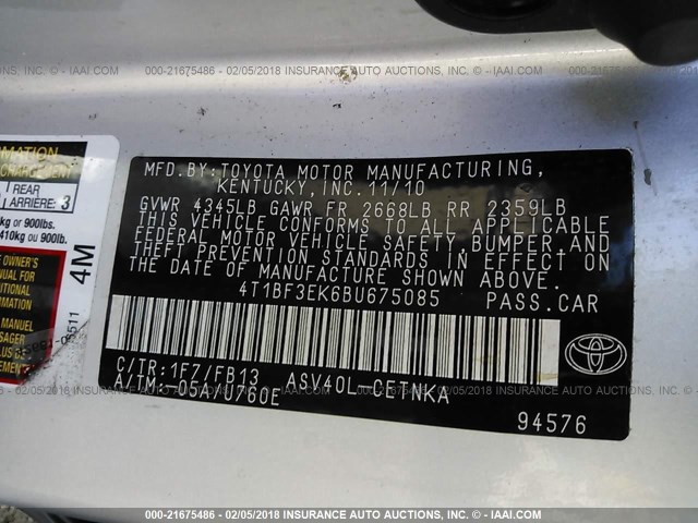 4T1BF3EK6BU675085 - 2011 TOYOTA CAMRY SE/LE/XLE SILVER photo 9