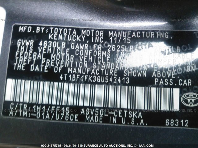 4T1BF1FK3GU543413 - 2016 TOYOTA CAMRY LE/XLE/SE/XSE SILVER photo 9