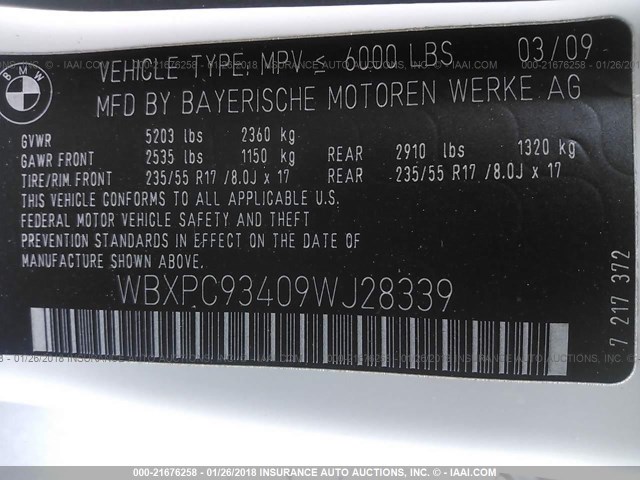 WBXPC93409WJ28339 - 2009 BMW X3 XDRIVE30I WHITE photo 9
