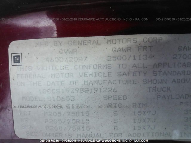 1GCCS19Z9S8191226 - 1995 CHEVROLET S TRUCK S10 BURGUNDY photo 9