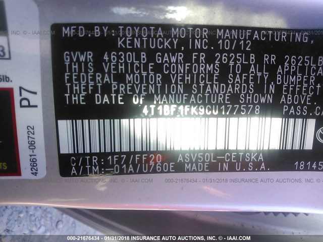 4T1BF1FK9CU177578 - 2012 TOYOTA CAMRY SE/LE/XLE SILVER photo 9