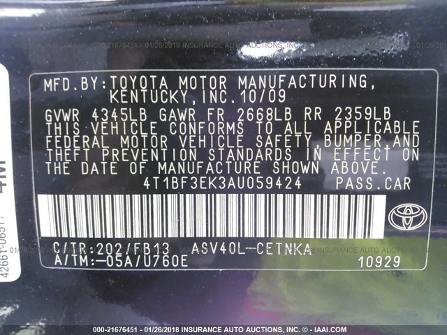 4T1BF3EK3AU059424 - 2010 TOYOTA CAMRY SE/LE/XLE 黑色 照片 9