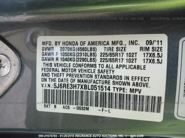 5J6RE3H7XBL051514 - 2011 HONDA CR-V EXL GREEN photo 9