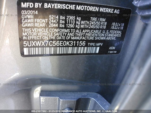 5UXWX7C56E0K31156 - 2014 BMW X3 XDRIVE35I GRAY photo 9