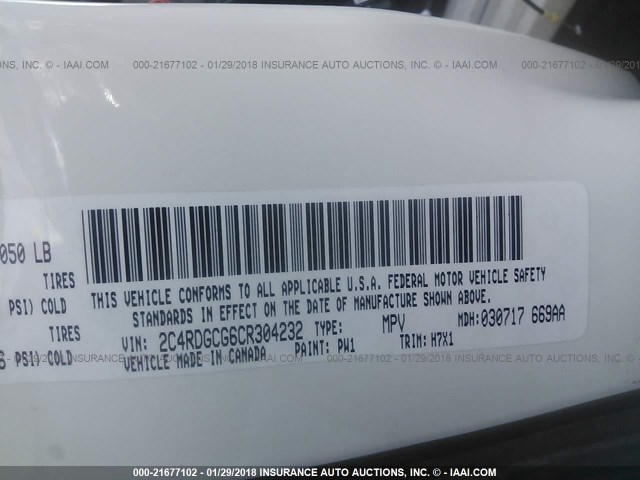 2C4RDGCG6CR304232 - 2012 DODGE GRAND CARAVAN SXT WHITE photo 9