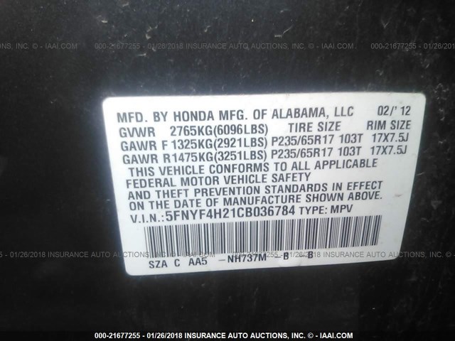 5FNYF4H21CB036784 - 2012 HONDA PILOT LX GRAY photo 9