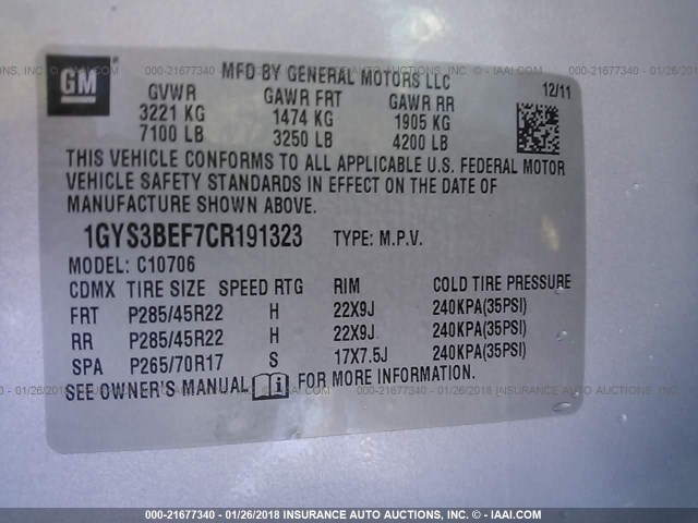 1GYS3BEF7CR191323 - 2012 CADILLAC ESCALADE LUXURY ვერცხლისფერი ფოტო 9