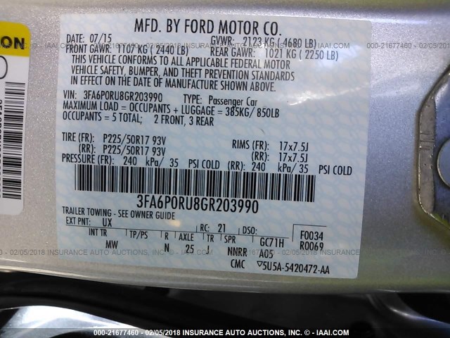 3FA6P0RU8GR203990 - 2016 FORD FUSION TITANIUM HEV SILVER photo 9