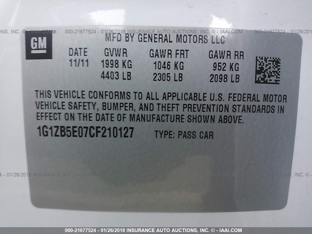 1G1ZB5E07CF210127 - 2012 CHEVROLET MALIBU LS 白色 照片 9