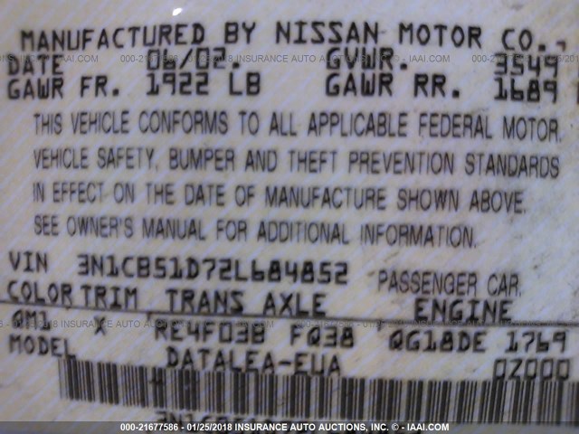 3N1CB51D72L684852 - 2002 NISSAN SENTRA XE/GXE WHITE photo 9