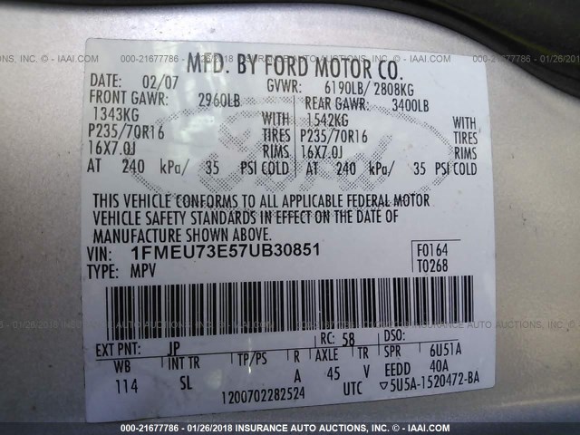 1FMEU73E57UB30851 - 2007 FORD EXPLORER XLT SILVER photo 9