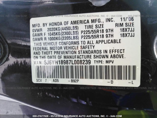 5J6YH18987L008239 - 2007 HONDA ELEMENT SC BLACK photo 9