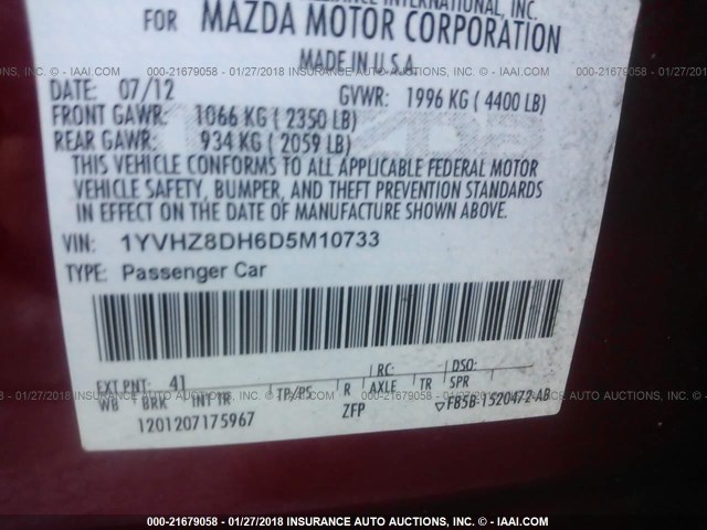 1YVHZ8DH6D5M10733 - 2013 MAZDA 6 TOURING RED photo 9