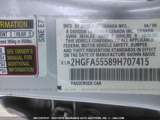 2HGFA55589H707415 - 2009 HONDA CIVIC SI SILVER photo 9