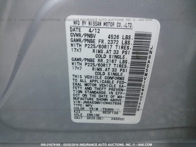 JN8AS5MV1CW407686 - 2012 NISSAN ROGUE S/SV SILVER photo 9