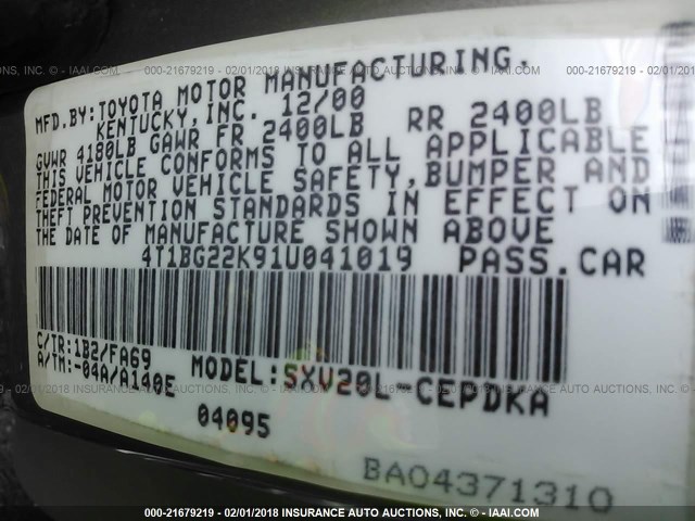 4T1BG22K91U041019 - 2001 TOYOTA CAMRY CE/LE/XLE 灰色 照片 9