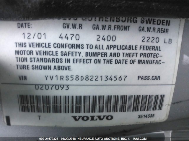 YV1RS58D822134567 - 2002 VOLVO S60 2.4T SILVER photo 9