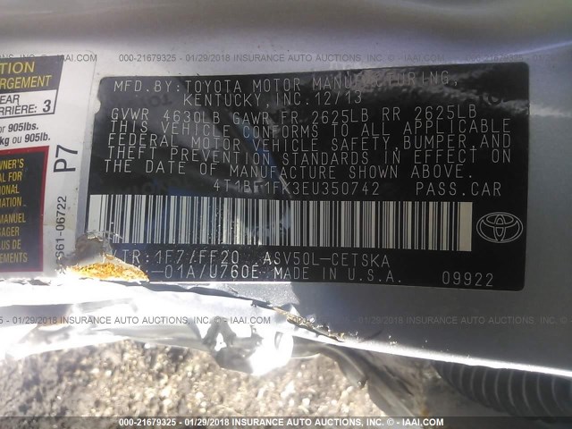 4T1BF1FK3EU350742 - 2014 TOYOTA CAMRY L/SE/LE/XLE 银色 照片 9