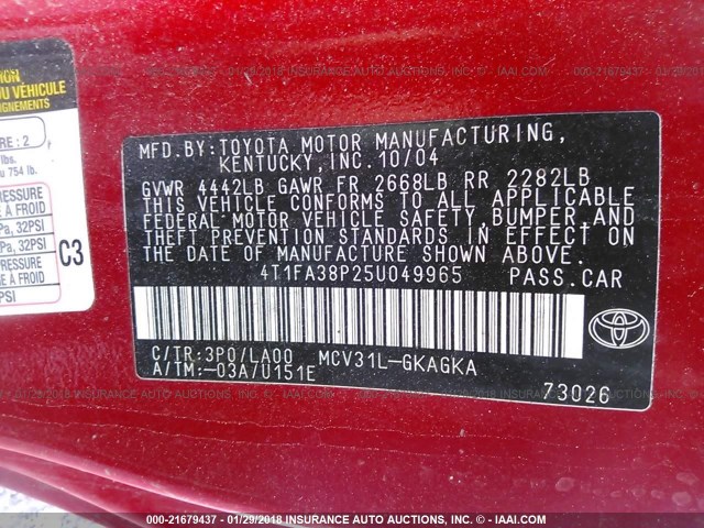 4T1FA38P25U049965 - 2005 TOYOTA CAMRY SOLARA SE/SLE Qırmızı foto 9