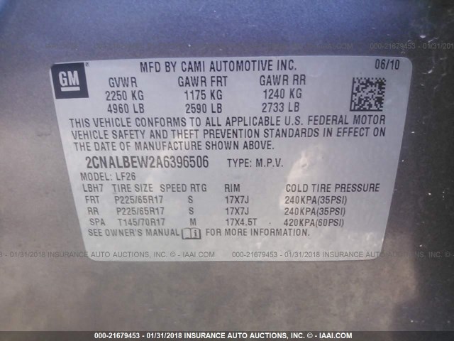 2CNALBEW2A6396506 - 2010 CHEVROLET EQUINOX LS GRAY photo 9