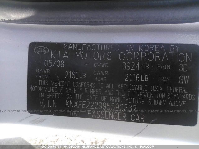 KNAFE222995590332 - 2009 KIA SPECTRA EX/LX/SX SILVER photo 9