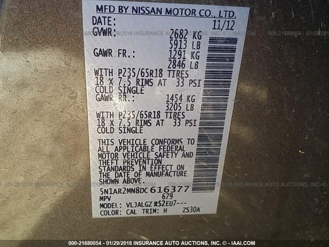 5N1AR2MN8DC616377 - 2013 NISSAN PATHFINDER S/SV/SL/PLATINUM 灰色 照片 9