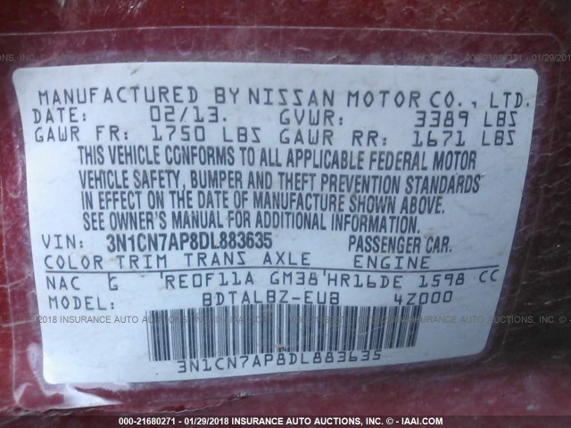 3N1CN7AP8DL883635 - 2013 NISSAN VERSA S/S PLUS/SV/SL RED photo 9