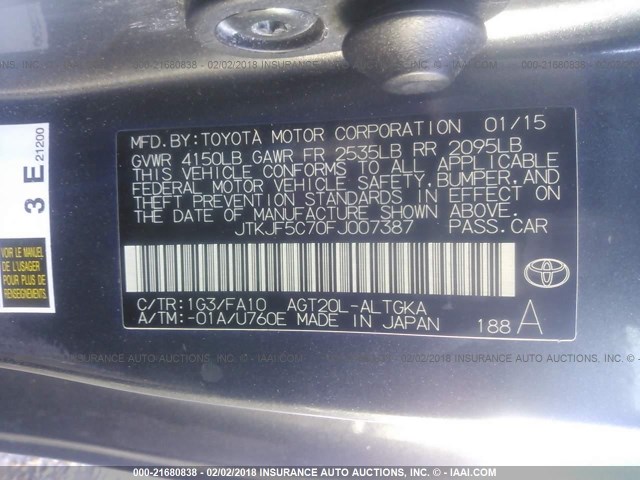 JTKJF5C70FJ007387 - 2015 TOYOTA SCION TC 灰色 照片 9