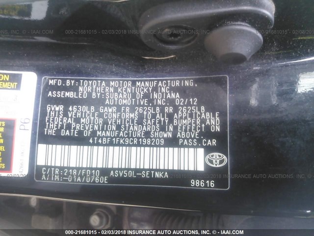 4T4BF1FK9CR198209 - 2012 TOYOTA CAMRY SE/LE/XLE BLACK photo 9