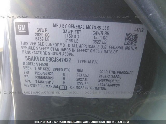 5GAKVDED9CJ347422 - 2012 BUICK ENCLAVE GRAY photo 9