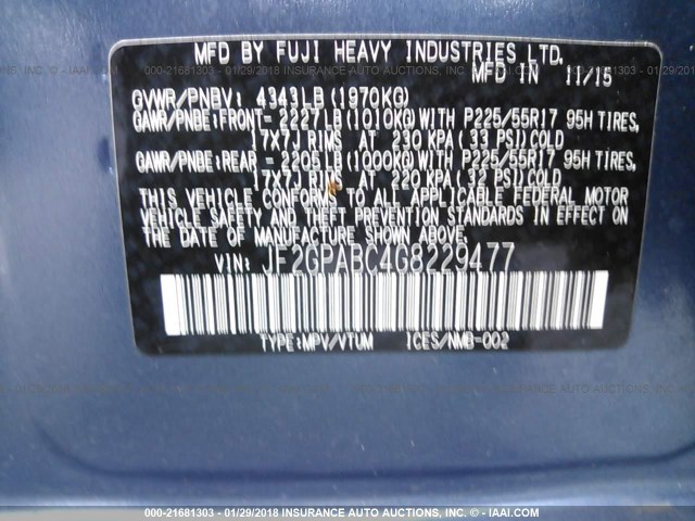 JF2GPABC4G8229477 - 2016 SUBARU CROSSTREK PREMIUM Көк фото 9