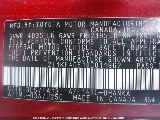 2T1KE40E19C011962 - 2009 TOYOTA COROLLA MATRIX S RED photo 9