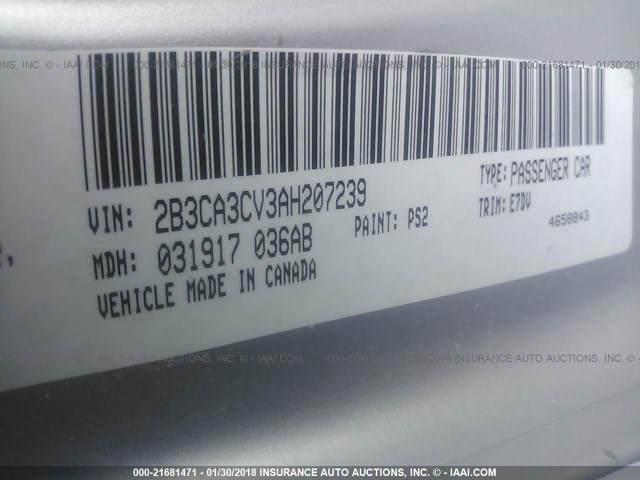 2B3CA3CV3AH207239 - 2010 DODGE CHARGER SXT SILVER photo 9