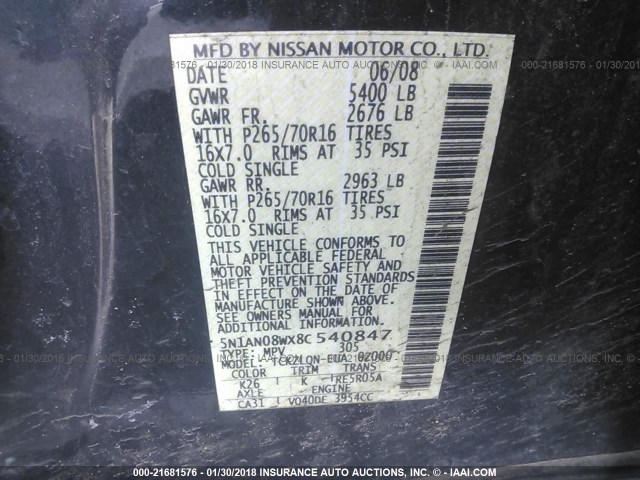 5N1AN08WX8C540847 - 2008 NISSAN XTERRA OFF ROAD/S/SE GRAY photo 9