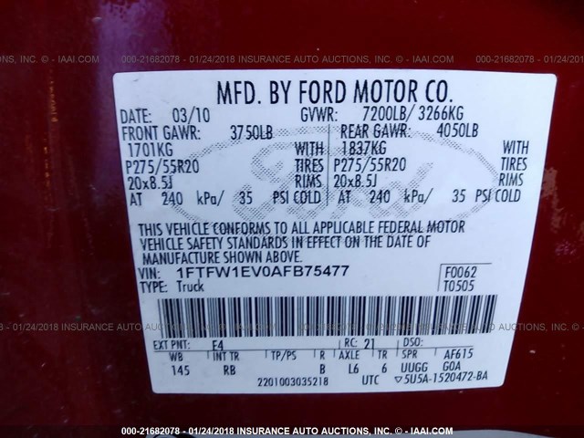 1FTFW1EV0AFB75477 - 2010 FORD F150 SUPERCREW RED photo 9
