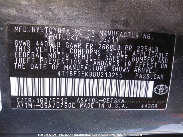4T1BF3EK8BU213255 - 2011 TOYOTA CAMRY SE/LE/XLE GRAY photo 9