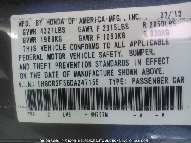 1HGCR2F58DA247155 - 2013 HONDA ACCORD SPORT 灰色 照片 9