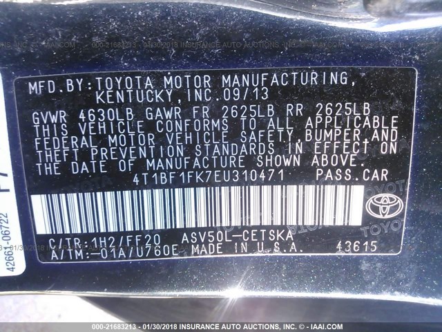4T1BF1FK7EU310471 - 2014 TOYOTA CAMRY L/SE/LE/XLE 黑色 照片 9