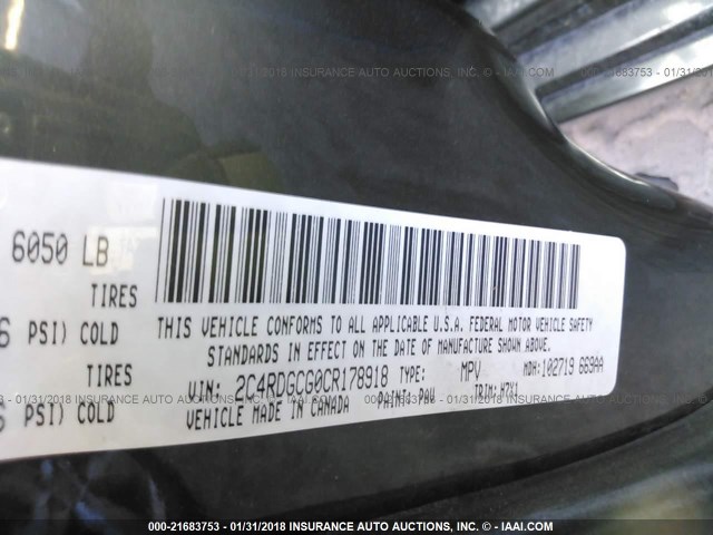 2C4RDGCG0CR178918 - 2012 DODGE GRAND CARAVAN SXT BLACK photo 9